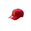 Red baseball cap with a yellow logo on a white background