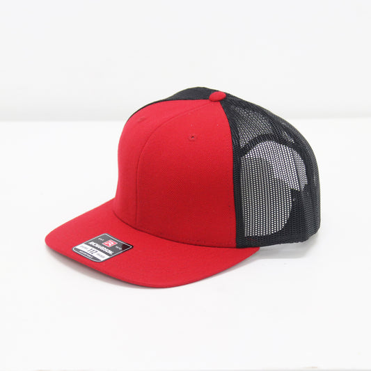 Red and black cap with mesh back on a white background