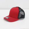 Red and black cap with mesh back on a white background