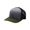 Three-tone cap with gray front, black side, and green bill on a white background