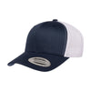Navy and white cap with a visible brand logo on a white background