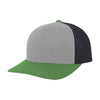 Trucker hat with gray front, black side, and green back on a white background