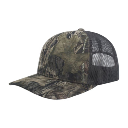 Camouflage baseball cap with black mesh back on a white background