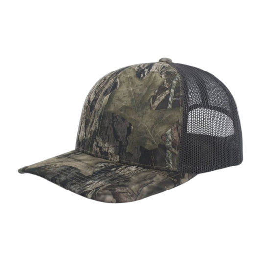 Camouflage baseball cap with black mesh back on a white background