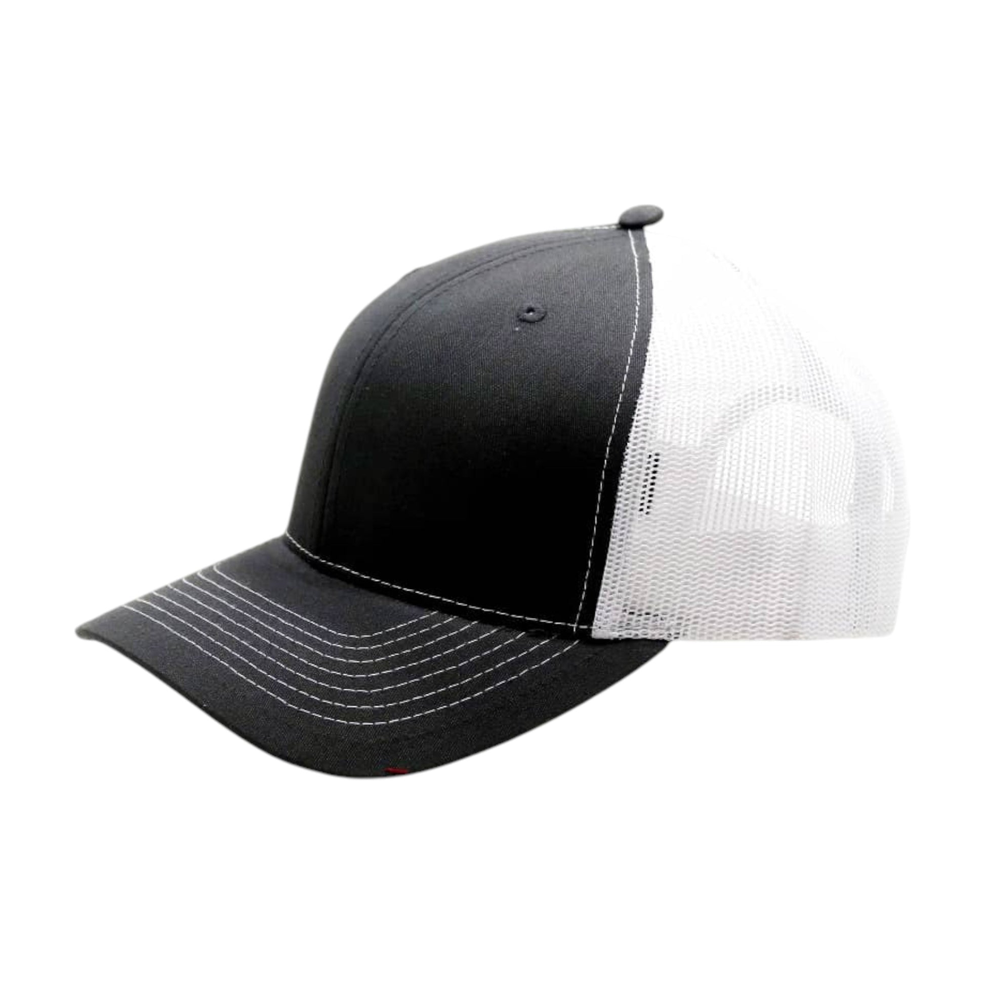 Black and white cap with mesh back on a white background