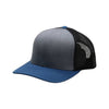 Trucker hat with gray and black bill and blue front panel on a white background