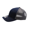 Navy blue trucker cap with mesh back on a white background