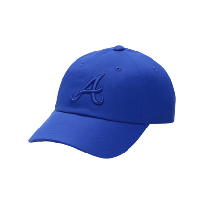 Blue baseball cap with a logo on a white background