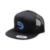 Black mesh cap with a blue fish logo on a white background