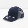 Navy blue cap with mesh back on a white background