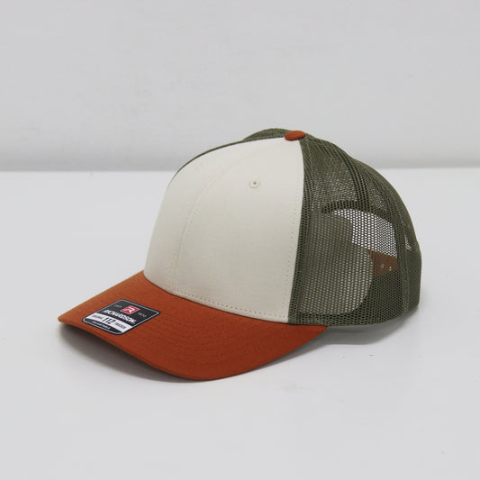 Trucker hat with a white front panel, green side panel, and brown bill on a white background