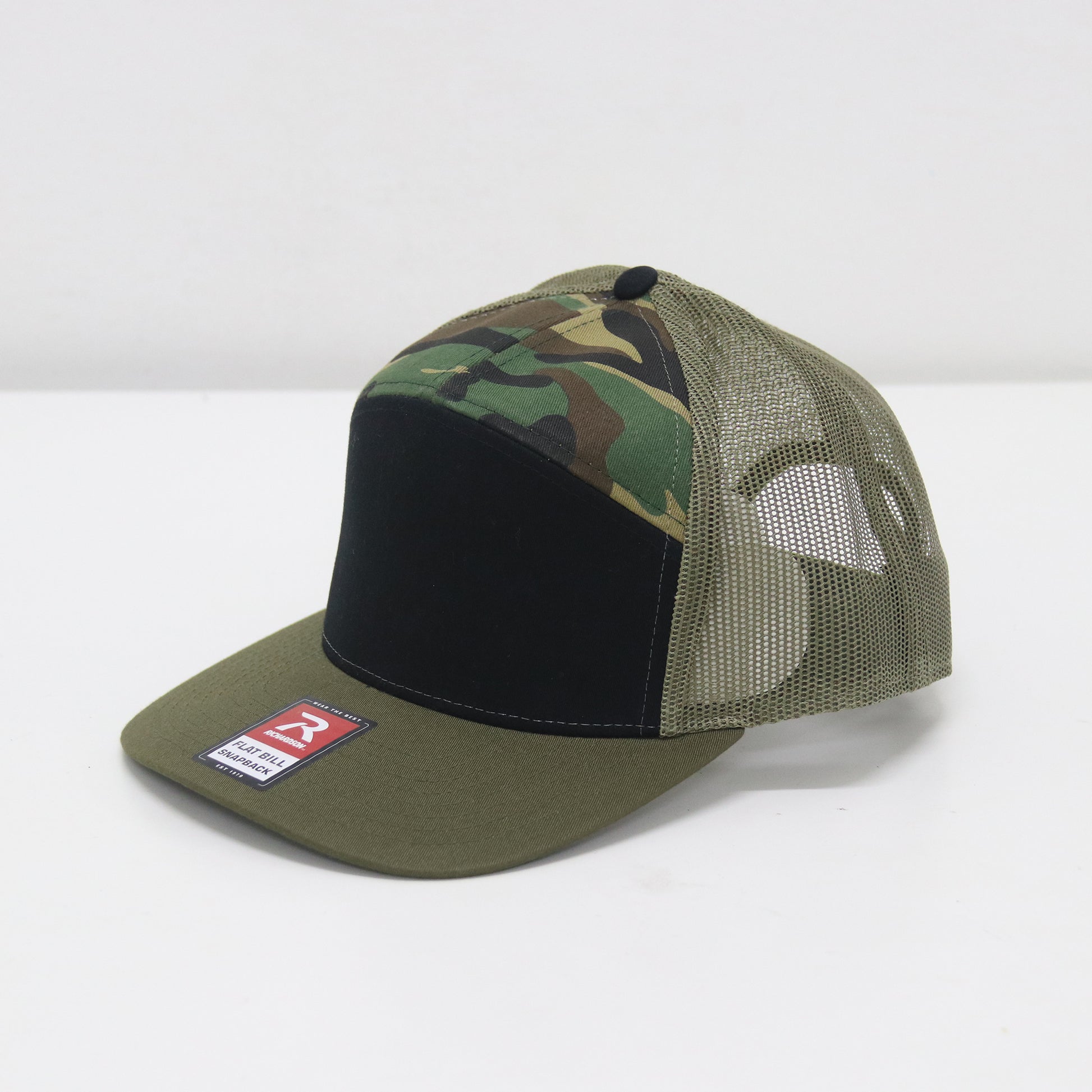 Camouflage and green cap with a brand logo on a white background