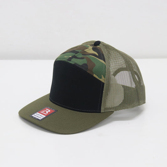 Camouflage and green cap with a brand logo on a white background