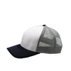 Two-tone cap with white front and black sides on a light gray background