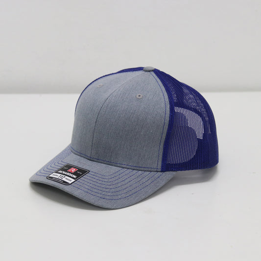 Gray and blue cap with a brand logo on a white background