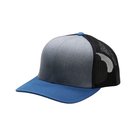 Trucker hat with gray and blue design on a white background