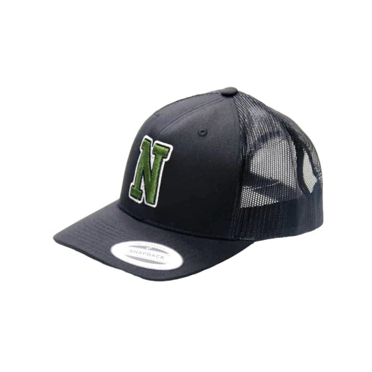 Black cap with green logo on a white background