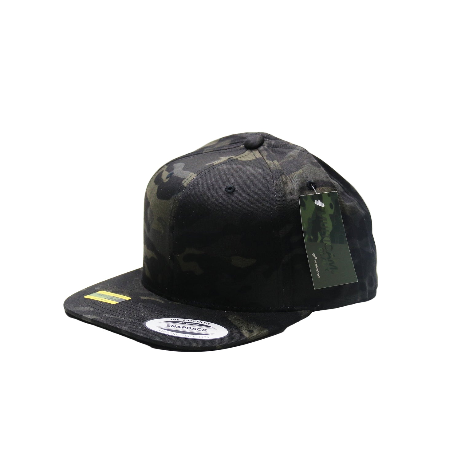 Camouflage baseball cap with a brand tag on a white background