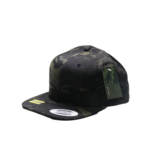 Camouflage baseball cap with a brand tag on a white background