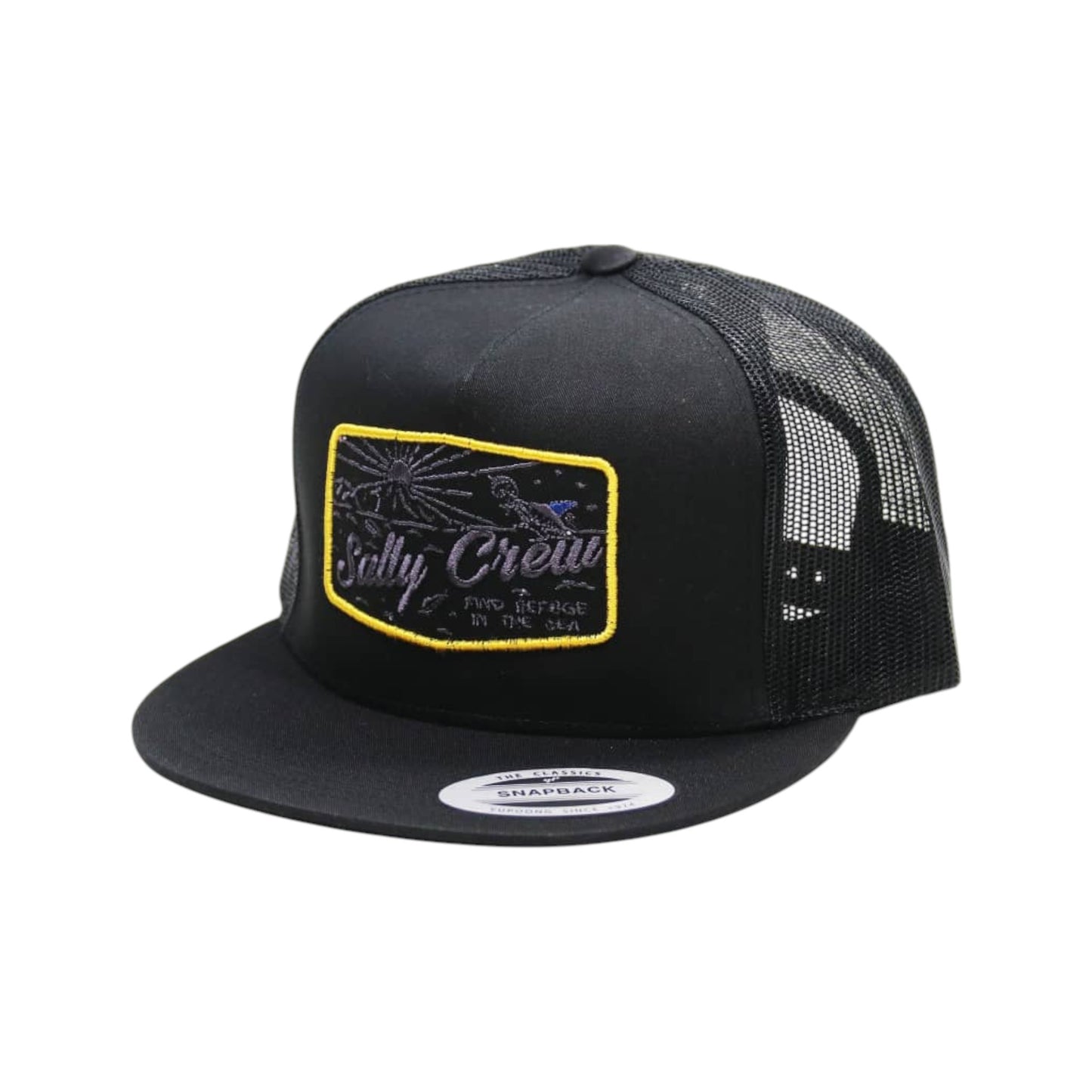 Black trucker cap with a yellow and white logo on a white background