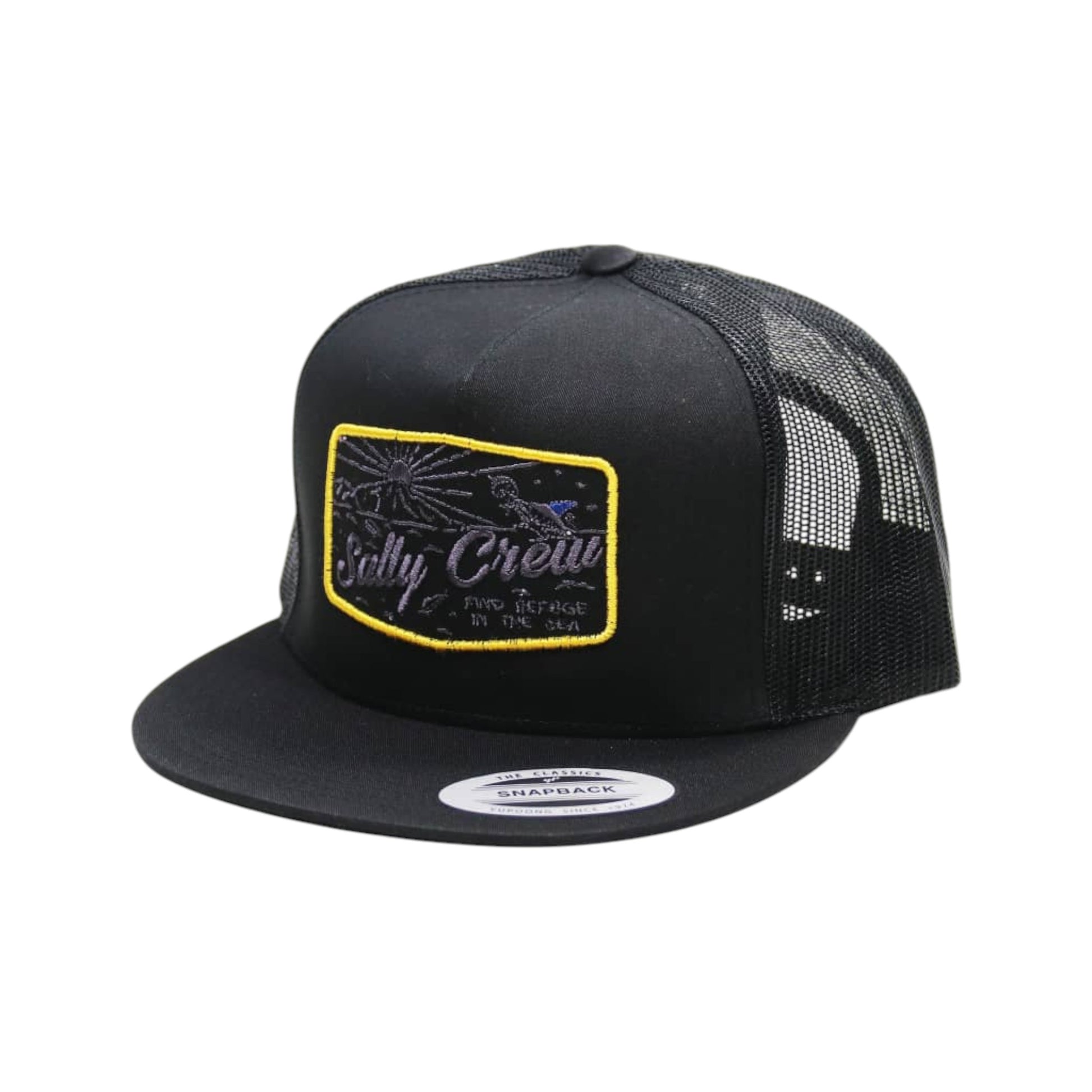 Black trucker cap with a yellow and white logo on a white background