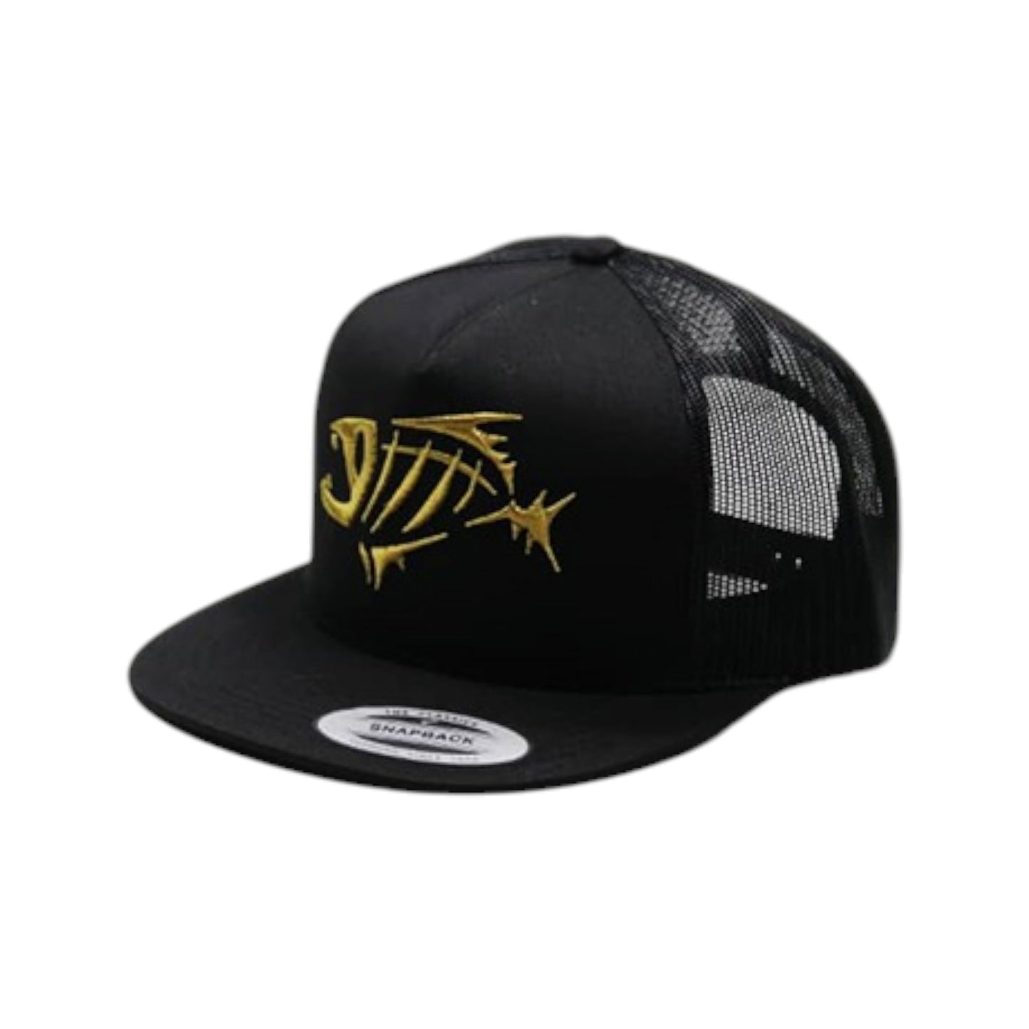 Black cap with yellow logo on a white background