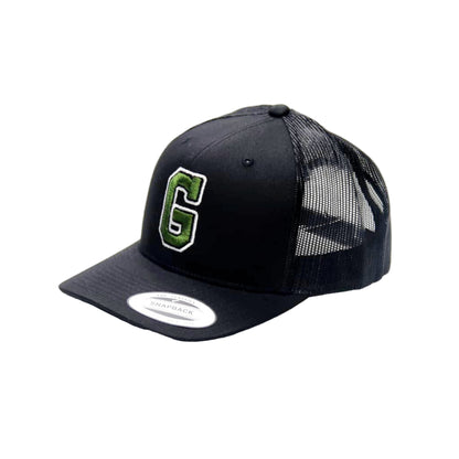 Black trucker cap with green logo on a white background