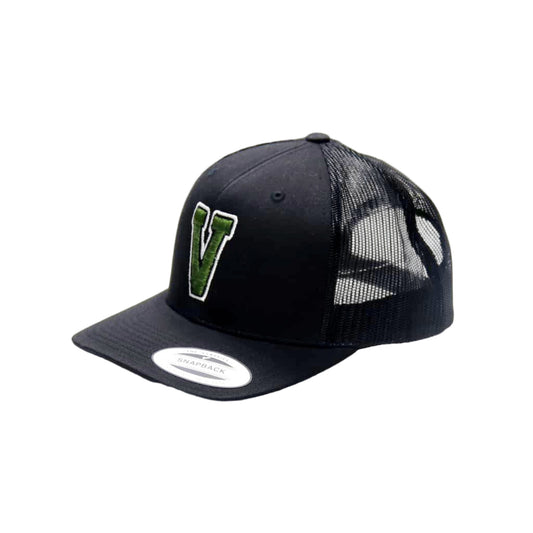 Black trucker cap with a green logo on a white background