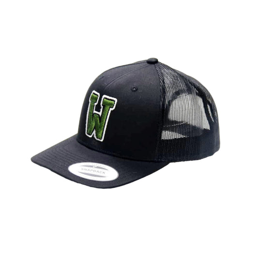 Black trucker cap with green logo on a white background