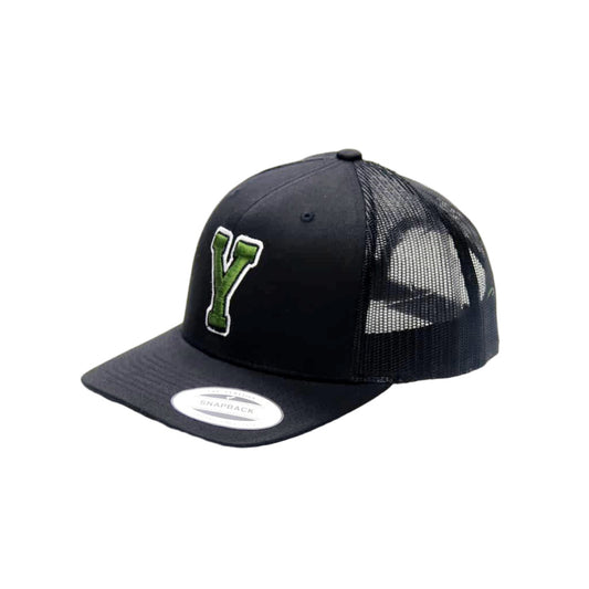 Black cap with green logo on a white background