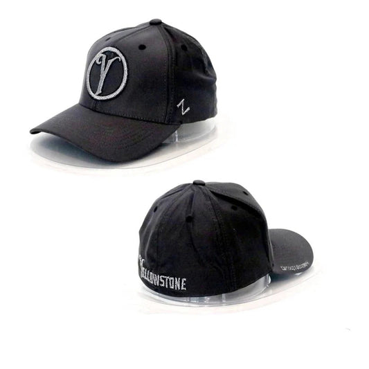 Two black baseball caps with logos on a white background