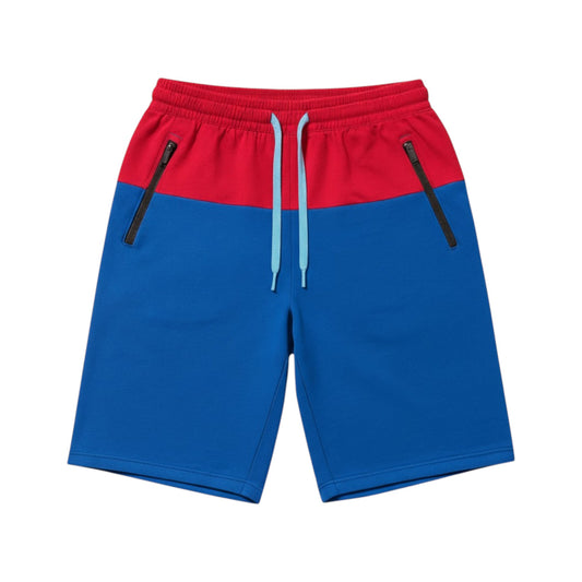 Blue and red shorts with zippers on a white background