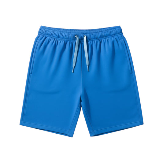 Blue shorts with a drawstring on a white background