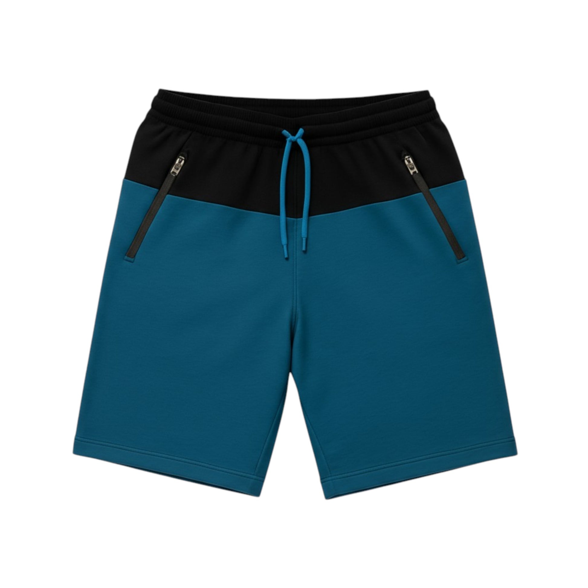 Blue shorts with black waistband and zippers on a white background