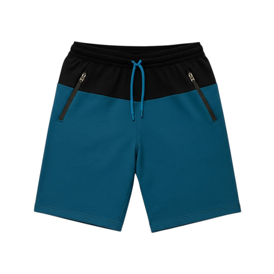 Blue shorts with black waistband and zippers on a white background