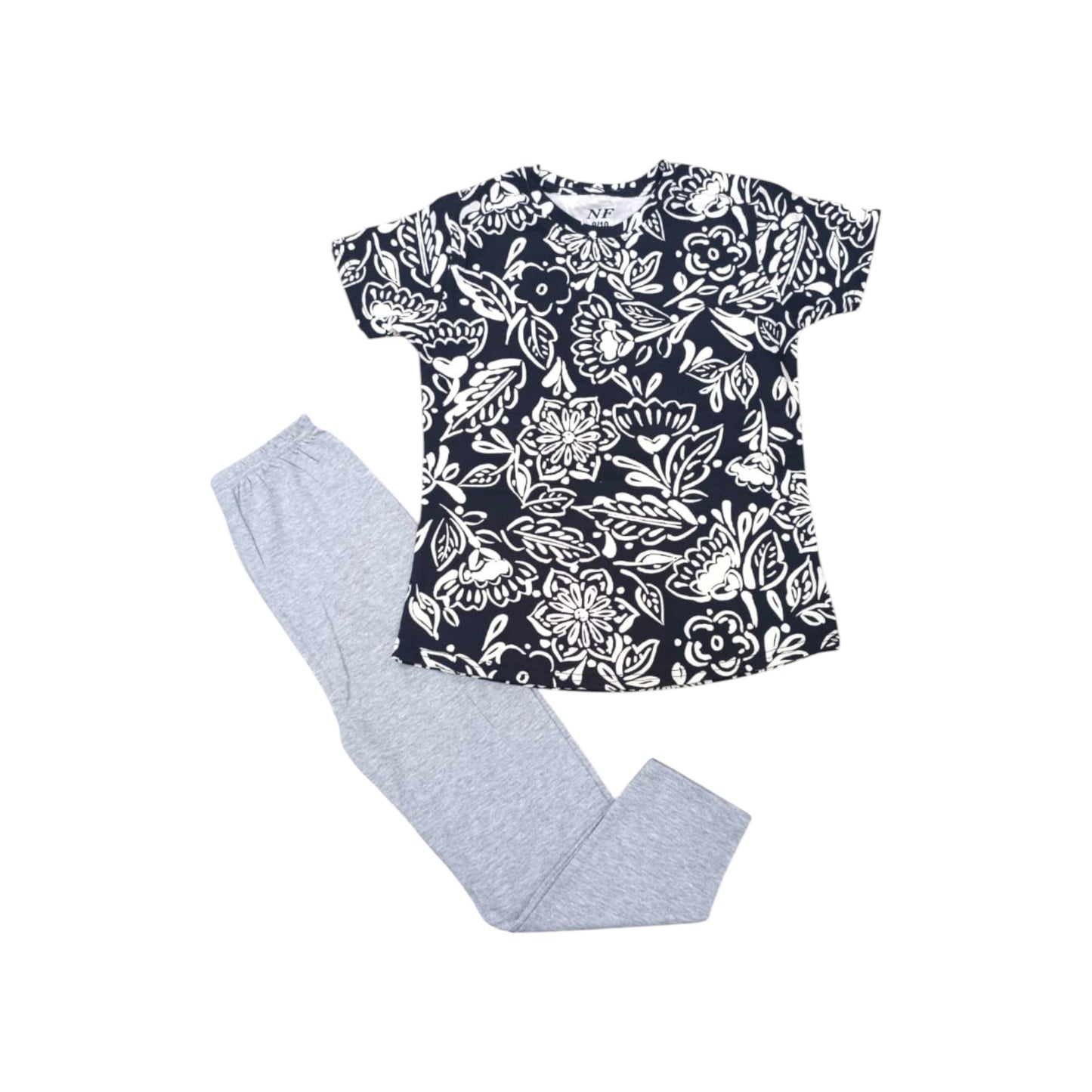 Navy floral t-shirt and gray leggings set on a white background