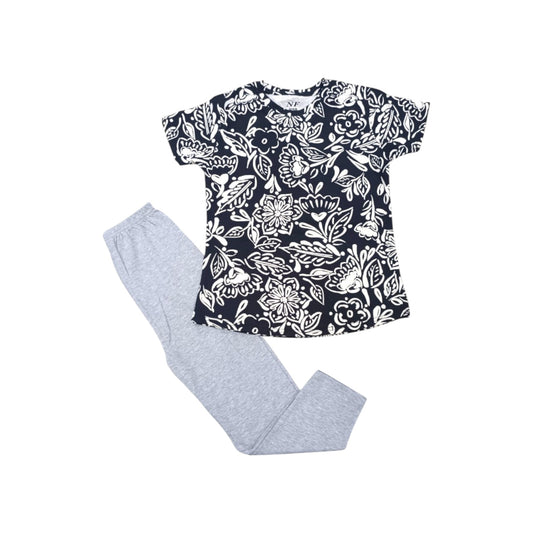 Navy floral t-shirt and gray leggings set on a white background