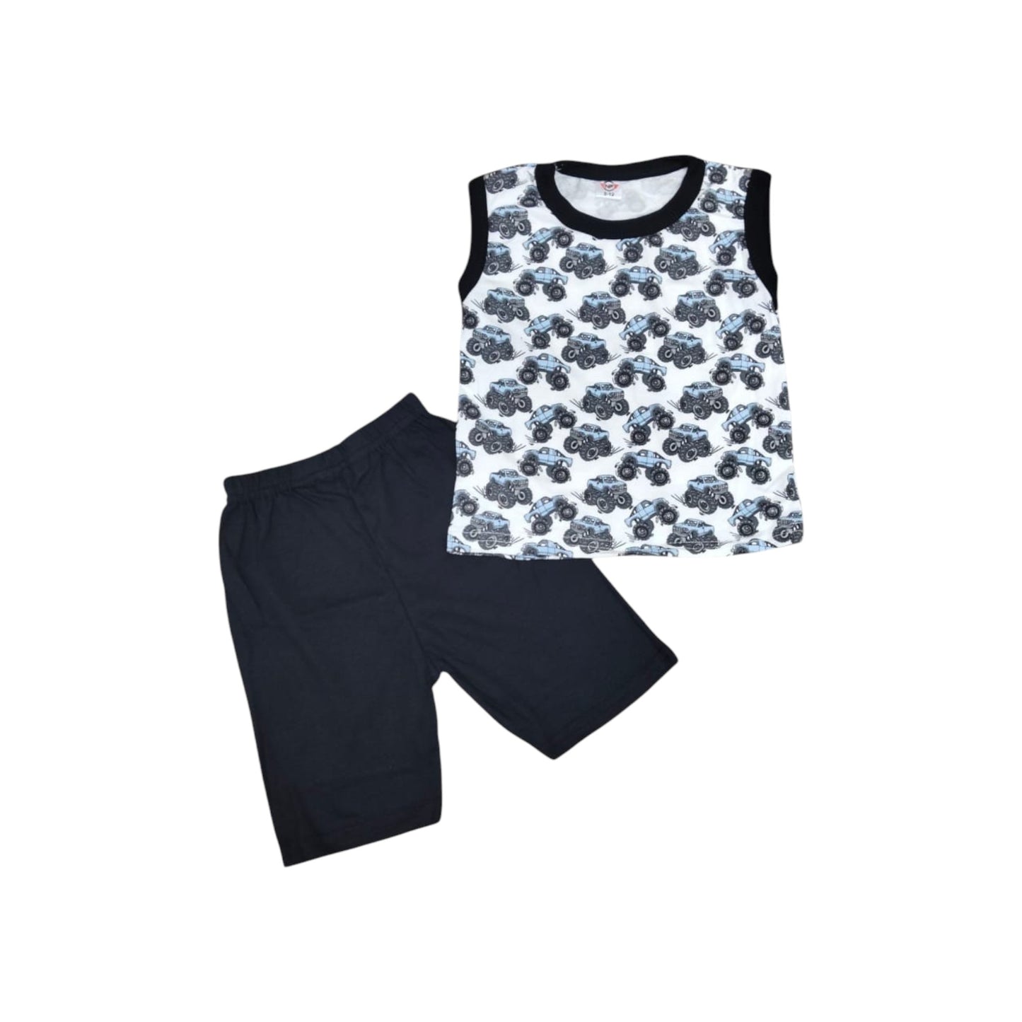 Black sleeveless top with blue floral pattern and black shorts on a white background