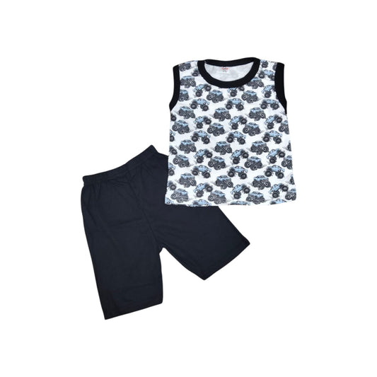 Black sleeveless top with blue floral pattern and black shorts on a white background