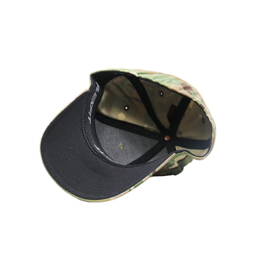 Black and camouflage baseball cap on a white background