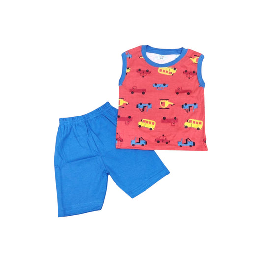 Children's sleeveless top with car pattern and blue shorts on a white background