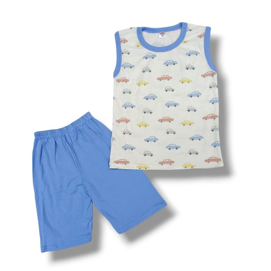 Children's sleeveless top with car pattern and blue shorts on a white background