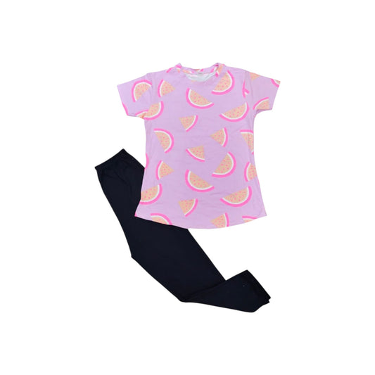 Purple t-shirt with watermelon pattern and black leggings on a white background
