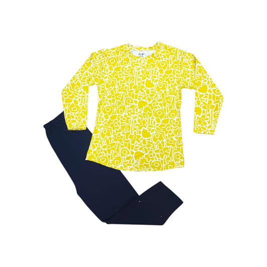 Yellow patterned long-sleeve shirt and navy pants on a white background