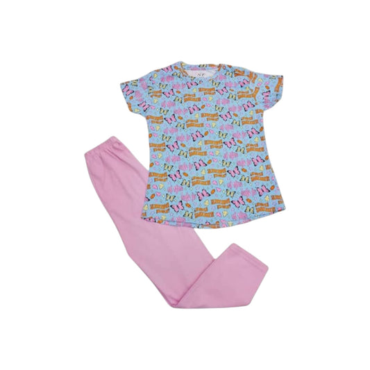 Children's outfit with a blue shirt featuring cartoon characters and pink pants on a white background