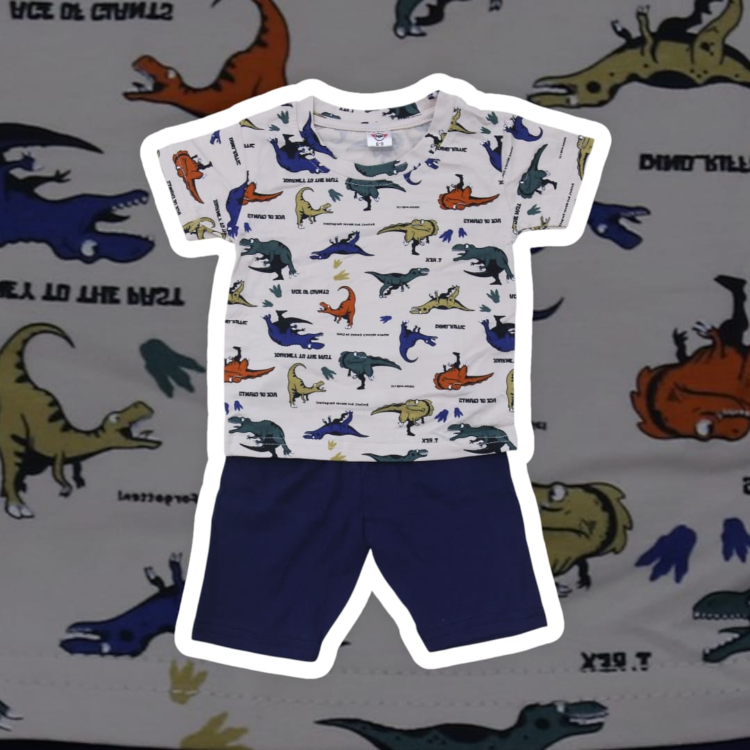 Children's t-shirt and shorts set with dinosaur pattern on a dinosaur-themed background