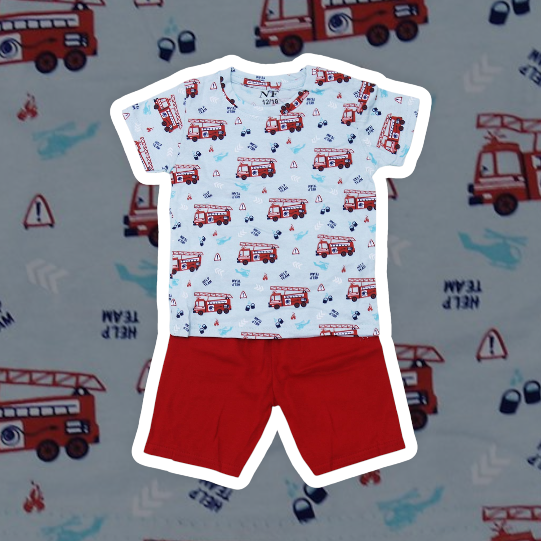 Children's t-shirt and shorts set with fire truck pattern on a background with fire truck illustrations.