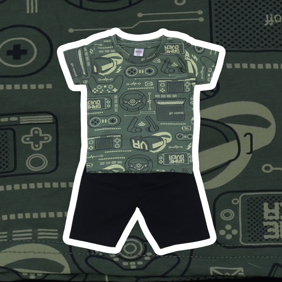 Children's t-shirt and shorts set with gaming-themed design on a matching background