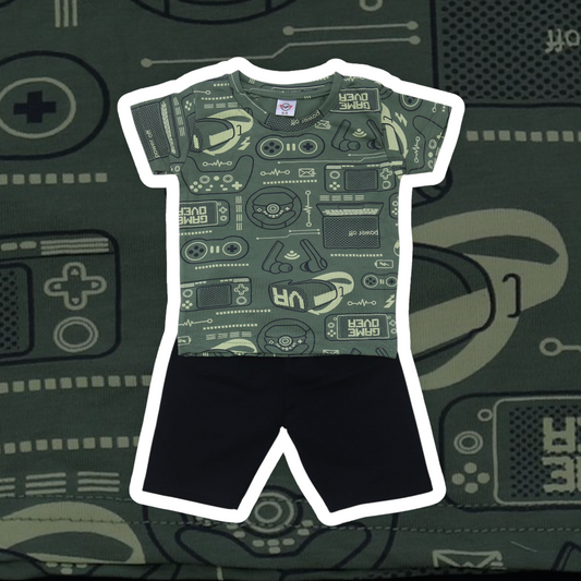 Children's t-shirt and shorts set with gaming-themed design on a matching background