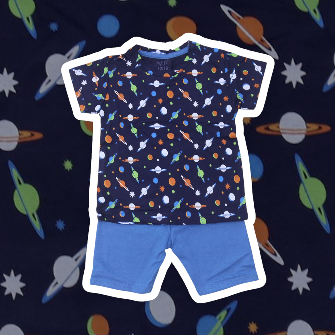 Children's t-shirt and shorts set with space-themed design on a matching background